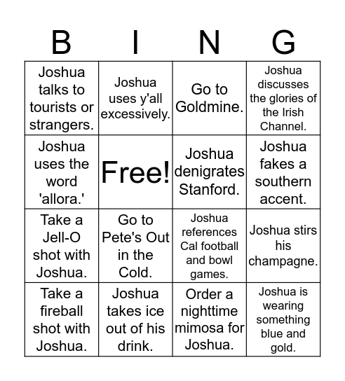 Happy Birthday, Joshua!  Bingo Card
