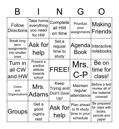 MOVING UP TO MIDDLE SCHOOL!! Bingo Card