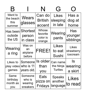 Getting to know you BINGO Card