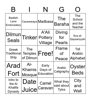Bahrain National Museum Bingo Card