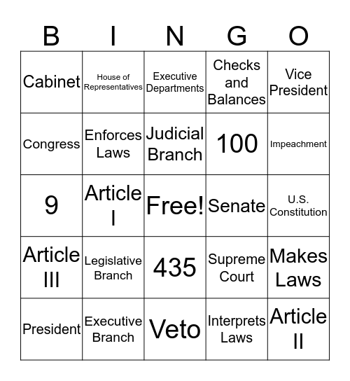 Branches of Government Review Week Bingo Card
