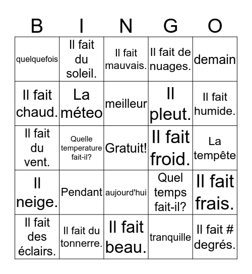 Le Temps Bingo Card