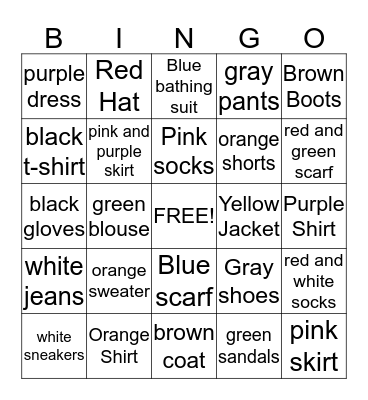 Clothes Bingo Card