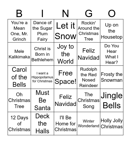 Christmas Carol Bingo Card