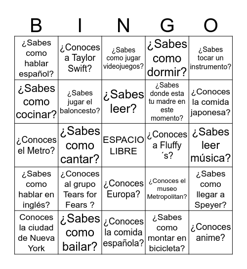 HUMAN BINGO SABER Y CONOCER (find people who can answer the questions affirmatively) Bingo Card