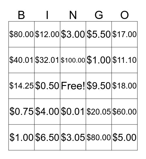 Money Bingo Card