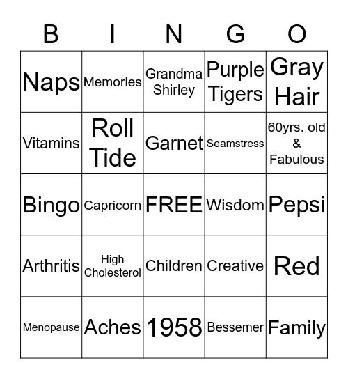 Shirley's 60th Birthday Clebration Bingo Card