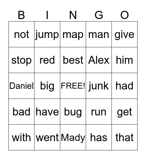 Short Vowels Bingo Card