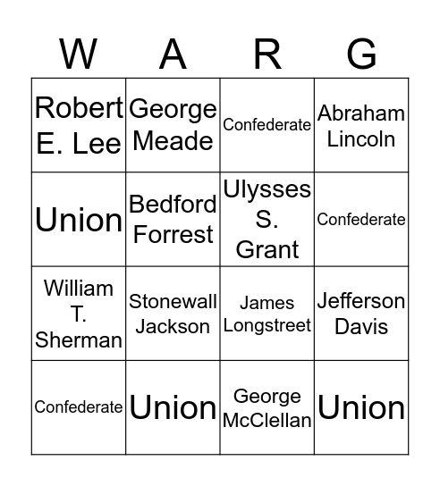 Civil War Leaders Bingo Card