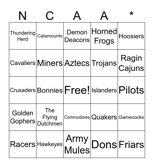 Interesting College Mascots Bingo Card
