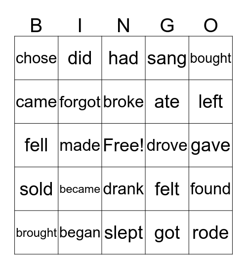 Irregular Verbs Bingo Card