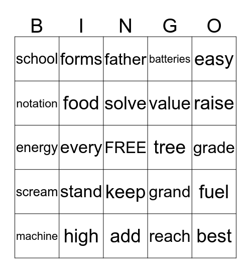 SPELLING BINGO Card
