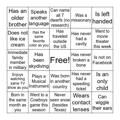 Get to Know You Bingo! Bingo Card