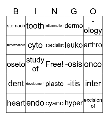 Medical Terminology Bingo Card