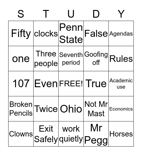 Study Hall Bingo Card
