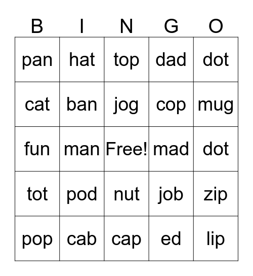 kindergarten word bingo Card