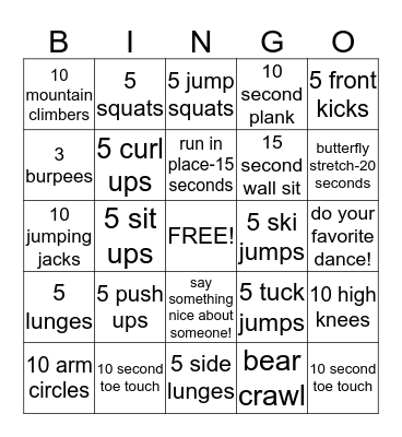 Fitness Bingo Card