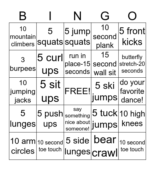 Fitness Bingo Card