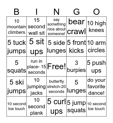 Fitness Bingo  Bingo Card