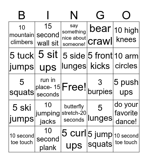 Fitness Bingo  Bingo Card