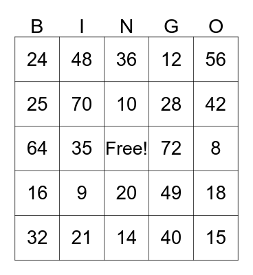 Multiplication Bingo Card