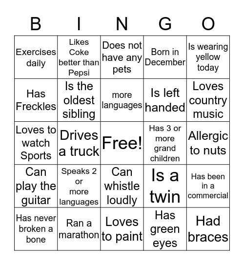 Get to know your Neighbor!  Bingo Card