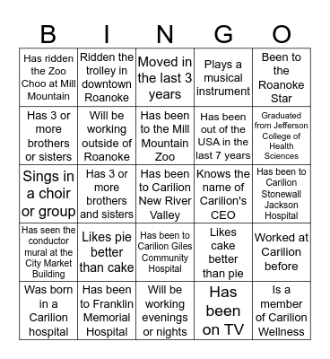 Orientation Bingo Card