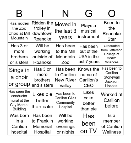Orientation Bingo Card