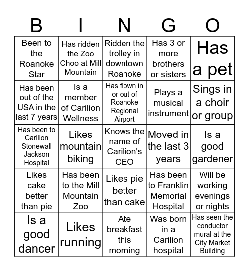 Orientation Bingo Card