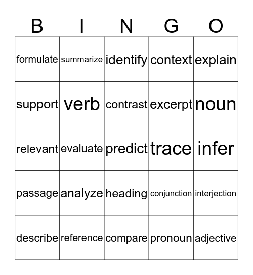 Academic vocabulary Bingo Card