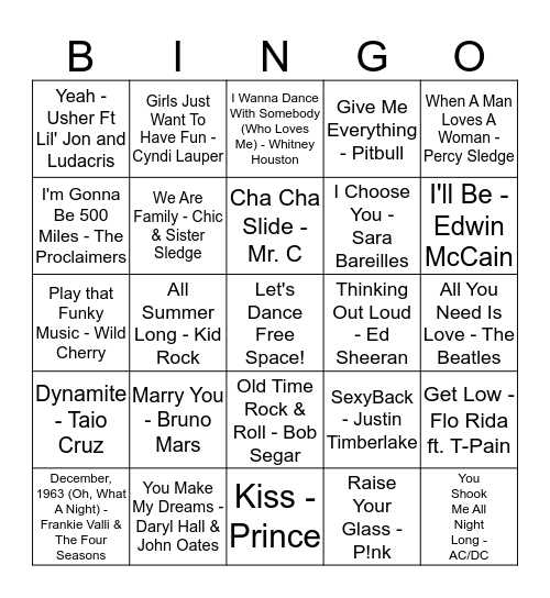 Top Wedding Tunes Bingo Card