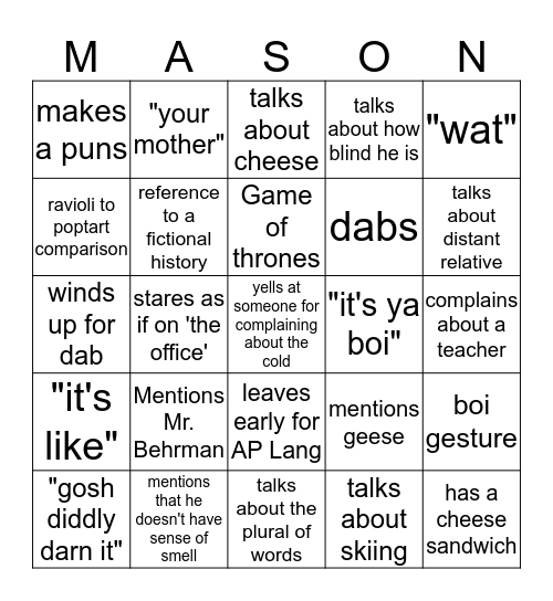 Mason Bingo Card