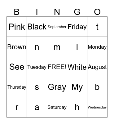 Kindergarten BINGO! Bingo Card