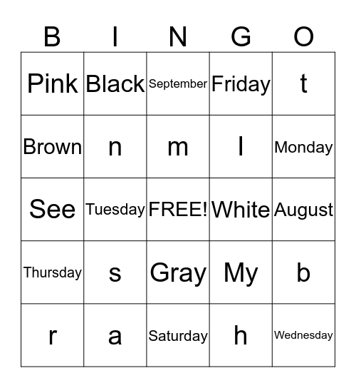 Kindergarten BINGO! Bingo Card