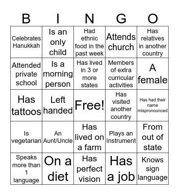 Diversity Bingo Card