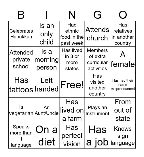 Diversity Bingo Card