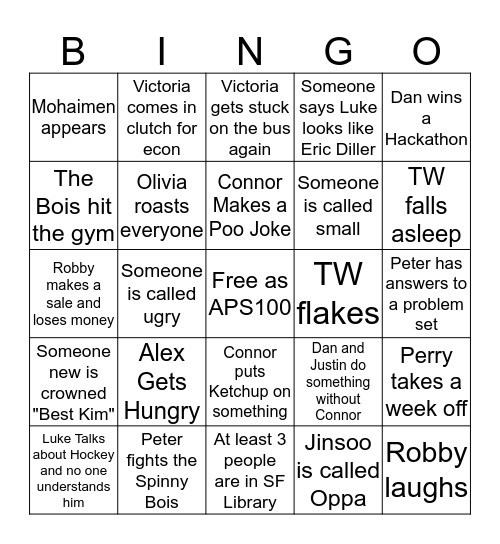 Daily Life of Mech Eng @UofT Bingo Card