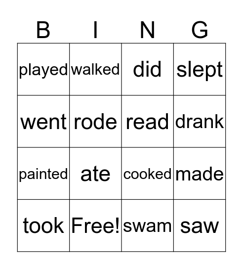 past simple Bingo Card