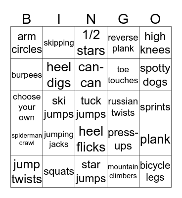 Fitness Bingo Card