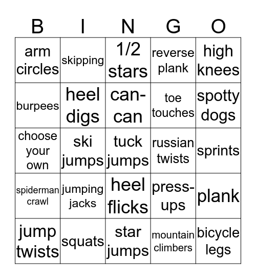 Fitness Bingo Card