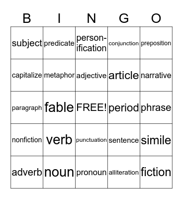 Language Arts Bingo Card
