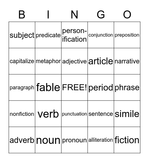 Language Arts Bingo Card