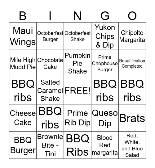 Red Robin Bingo Card