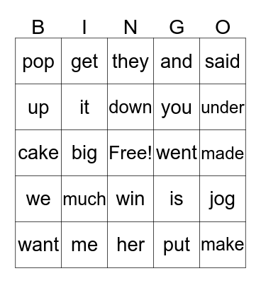 Snap Word Bingo Card