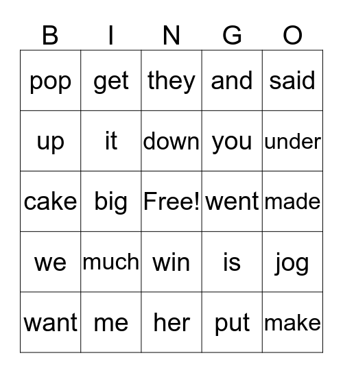 Snap Word Bingo Card