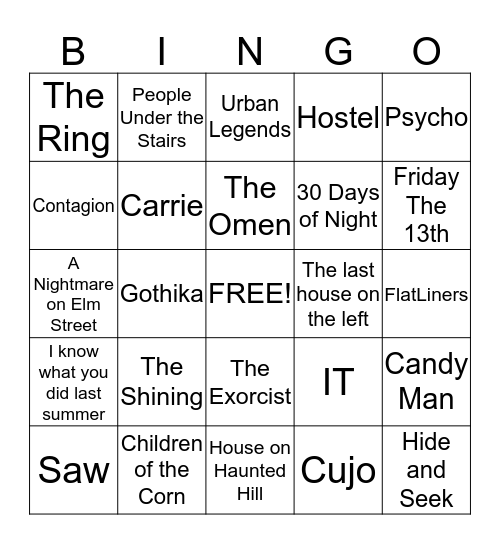 Horror Movies Bingo Card