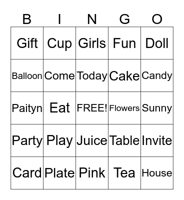 Tea Party Bingo Card