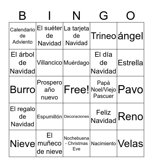 Spanish Christmas Bingo Card