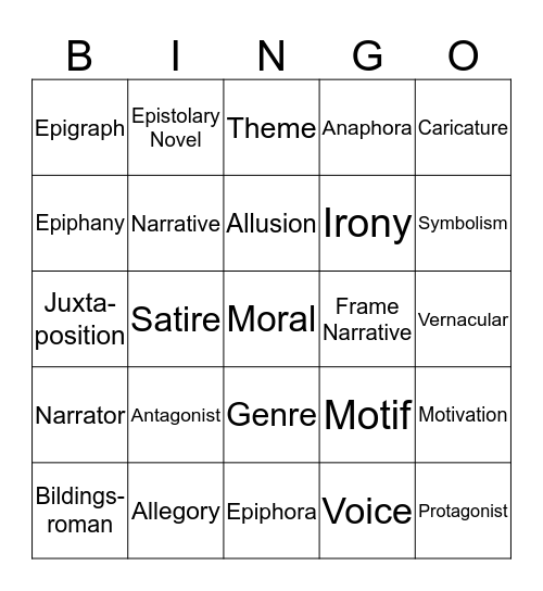 Literary Terminology Semester 1 Bingo Card