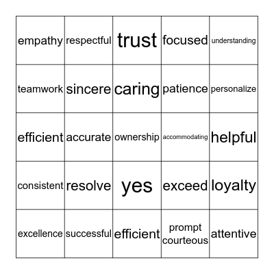 CUSTOMER SERVICE TERMS Bingo Card